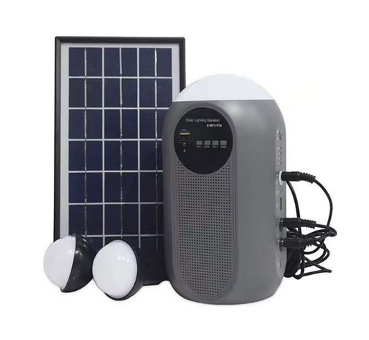 Parlante bluetooth con luz y batería solar + dos bombillos led + panel solar