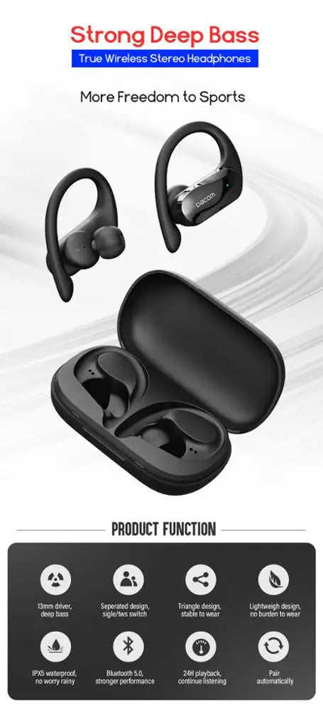 Dacom G05 Sport - Auriculares Bluetooth 5.0 TWS inalámbricos con micrófono, 30H Playtime Stereo Sound Sports Headsets, IPX5 a prueba de sudor inalámbricos para correr, gimnasio, ejercicio, entrenamiento